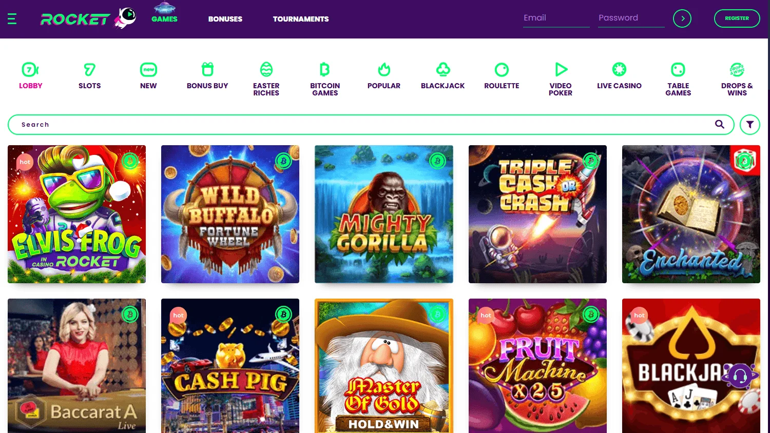 Rocket Casino casino game selection on desktop