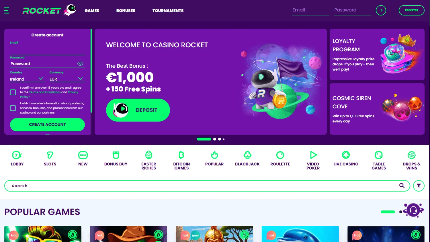 Rocket Casino home experience on desktop for Australian players