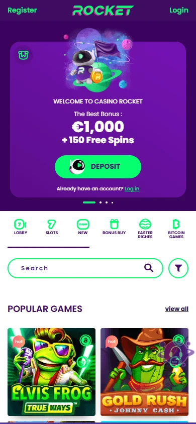 Rocket Casino mobile experience on an iOS or Android device