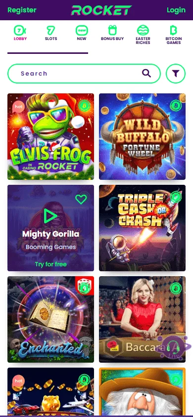 Rocket Casino mobile game selection on iOS or Android