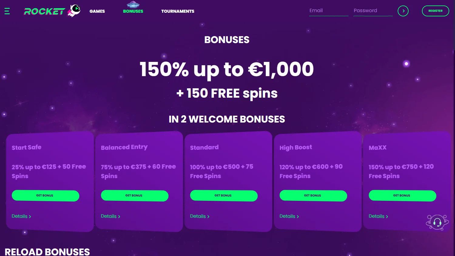 Rocket Casino promotions and rewards on desktop